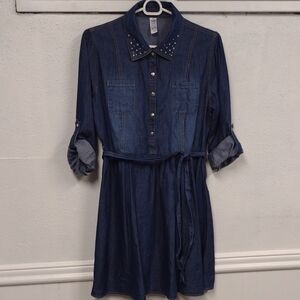 Justice Girls Blue Denim Casual Dress, Long Sleeve Roll-Up Option.